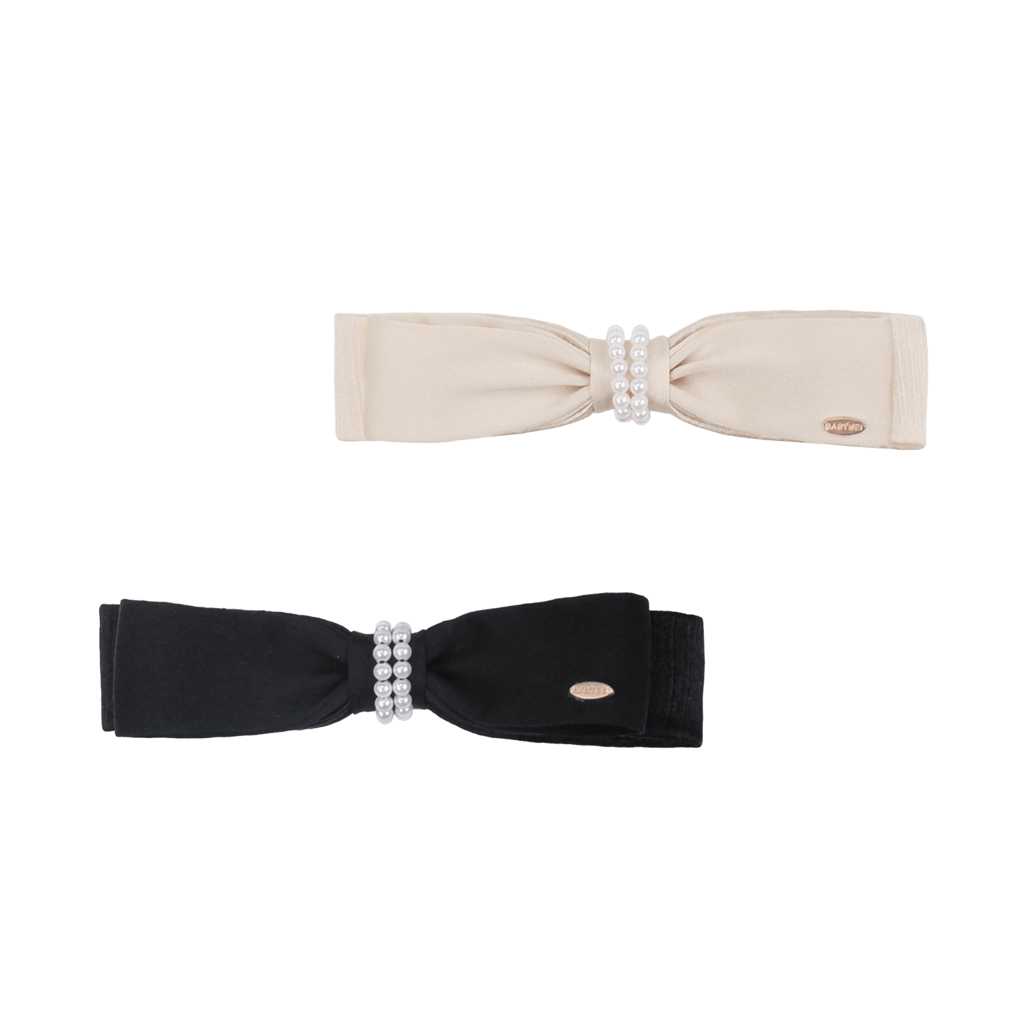 Satin Pearl Small Hair Barrette (2 Layered Bow & 2 Strands)