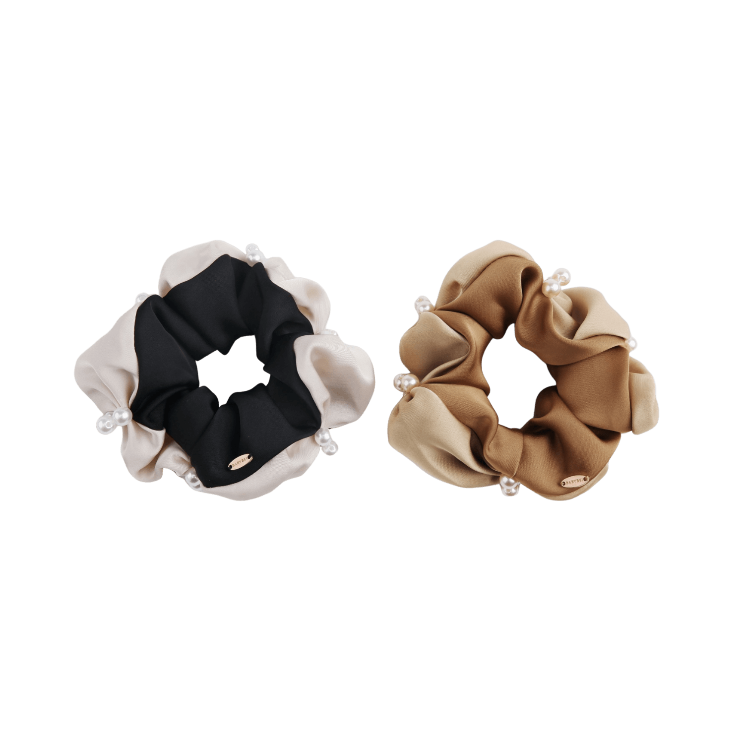 Satin Pearl Large Scrunchie (Color-blocked & 3 Beads)