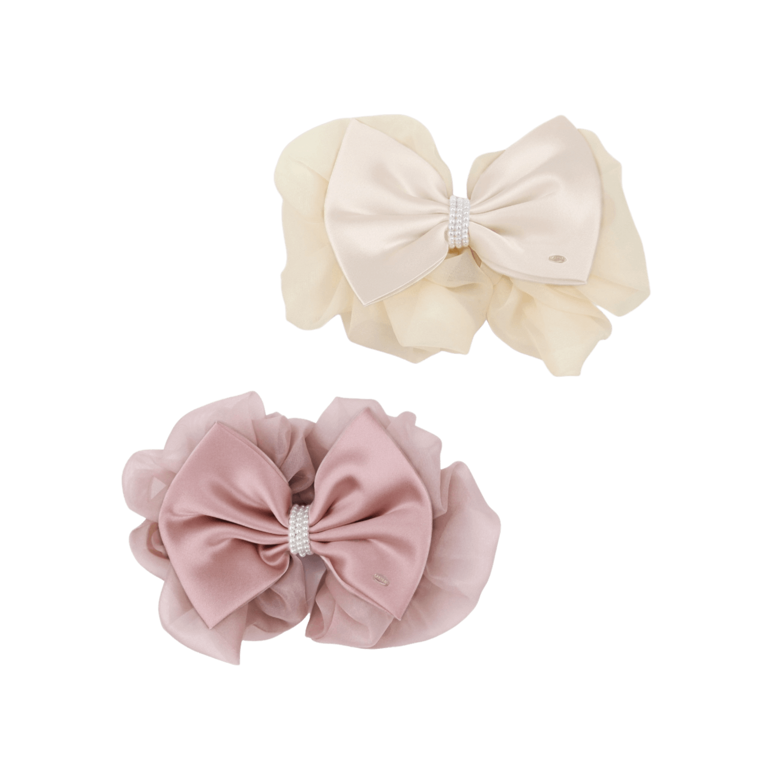 Organza Pearl Large Hair Barrette (2 Layered Bow & 3 Strands)