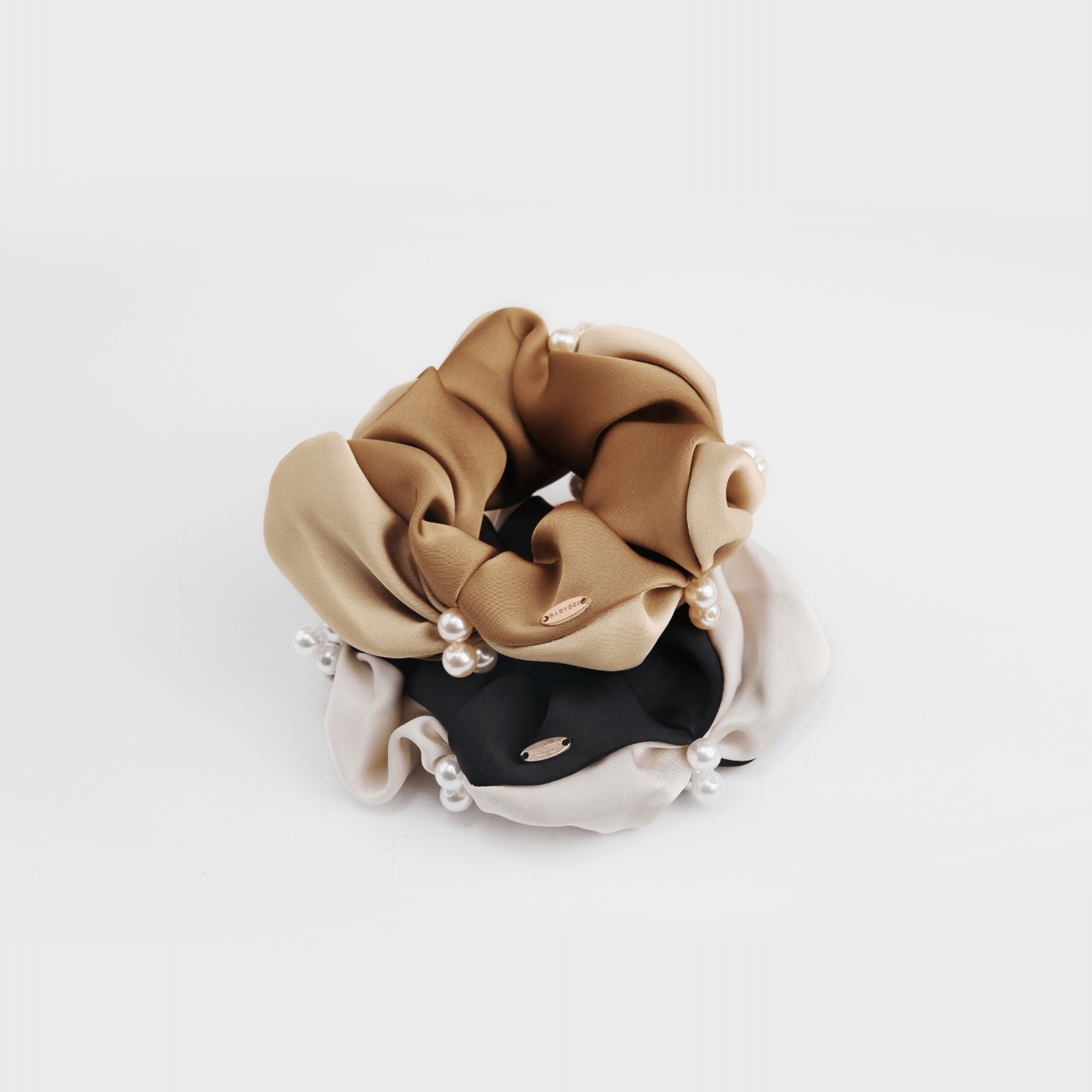 Satin Pearl Large Scrunchie (Color-blocked & 3 Beads)