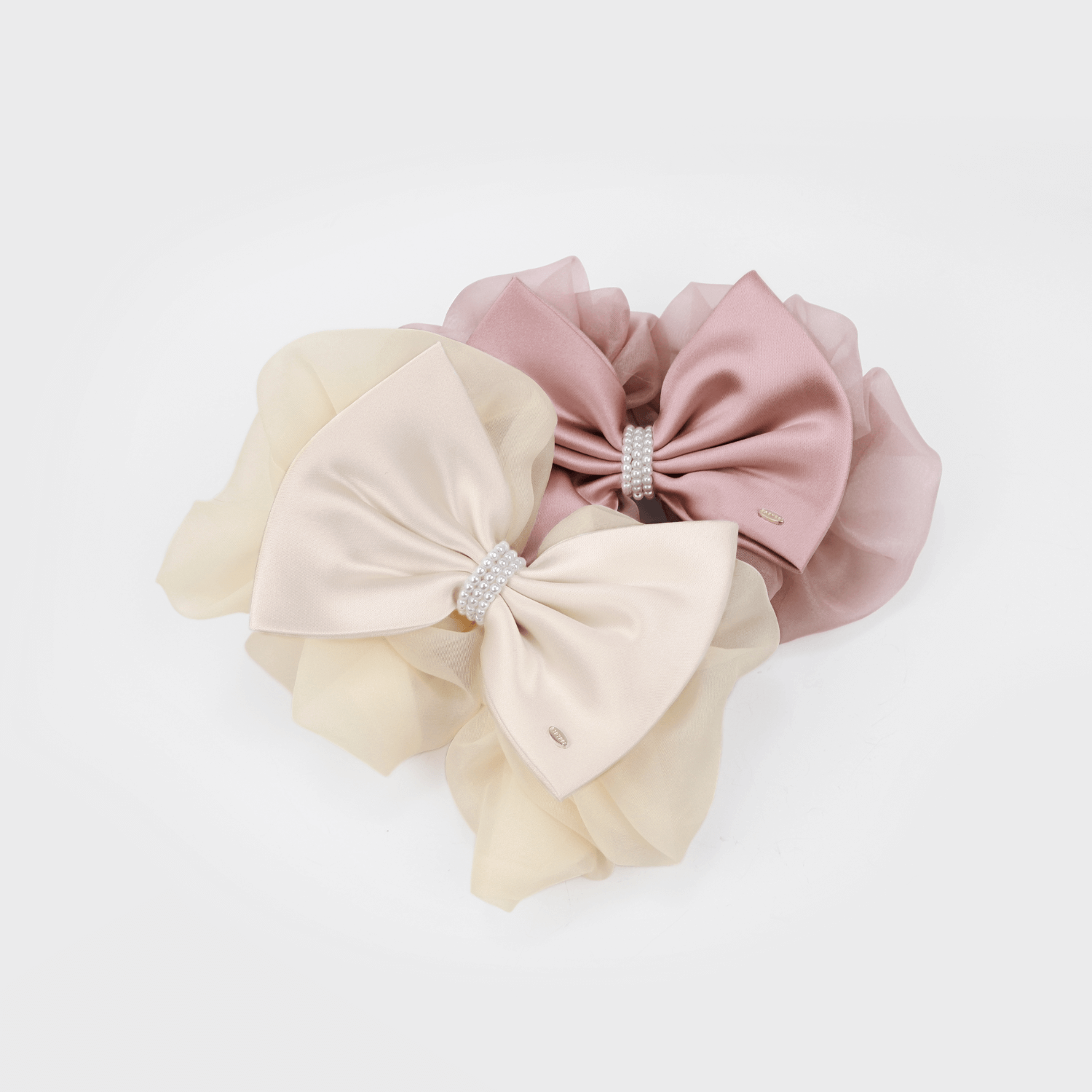 Organza Pearl Large Hair Barrette (2 Layered Bow & 3 Strands)