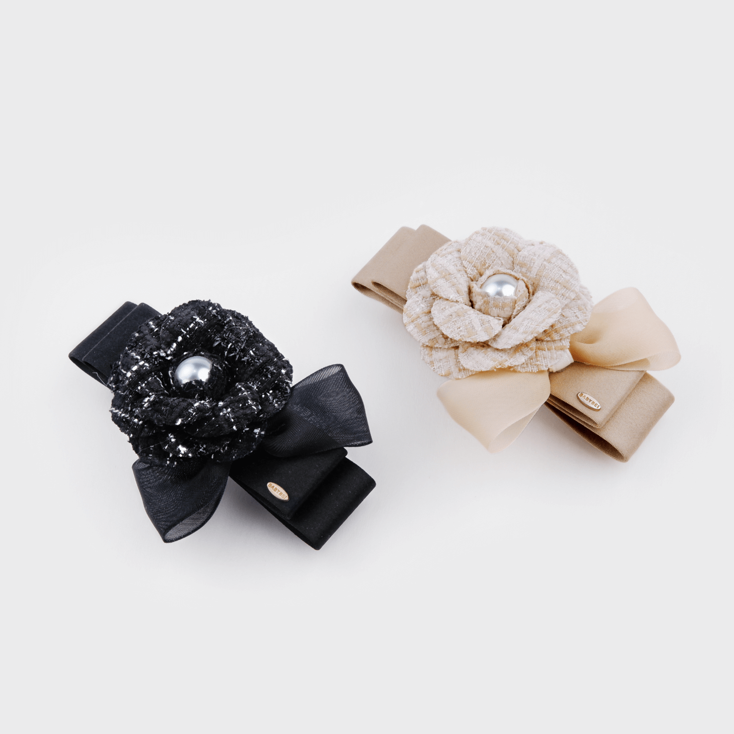 Camellia Pearl Small Hair Barrette (3 Layered Bow & Wrapped Bead)