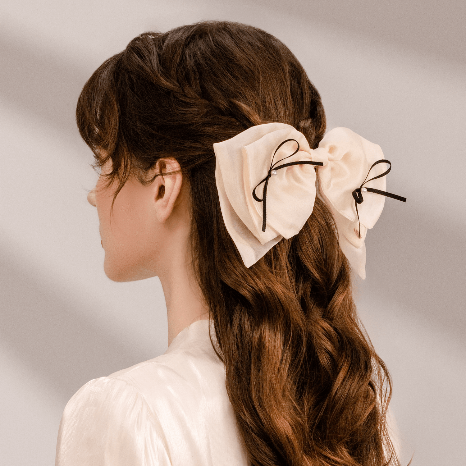 Organza Pearl Large Hair Barrette (Asymmetric & 2 Beads)