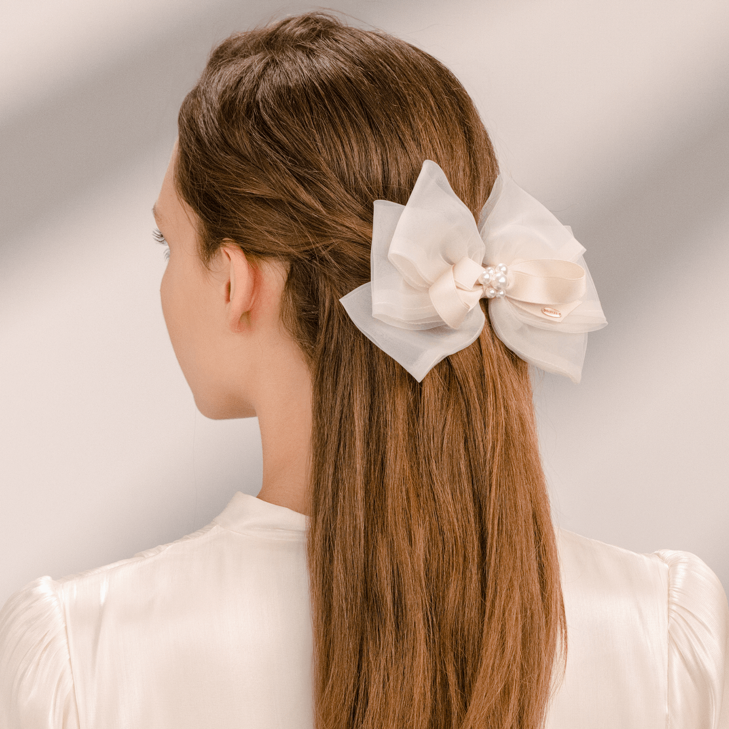 Organza Pearl Large Hair Barrette (4 Layered Bow & 7 Beads)