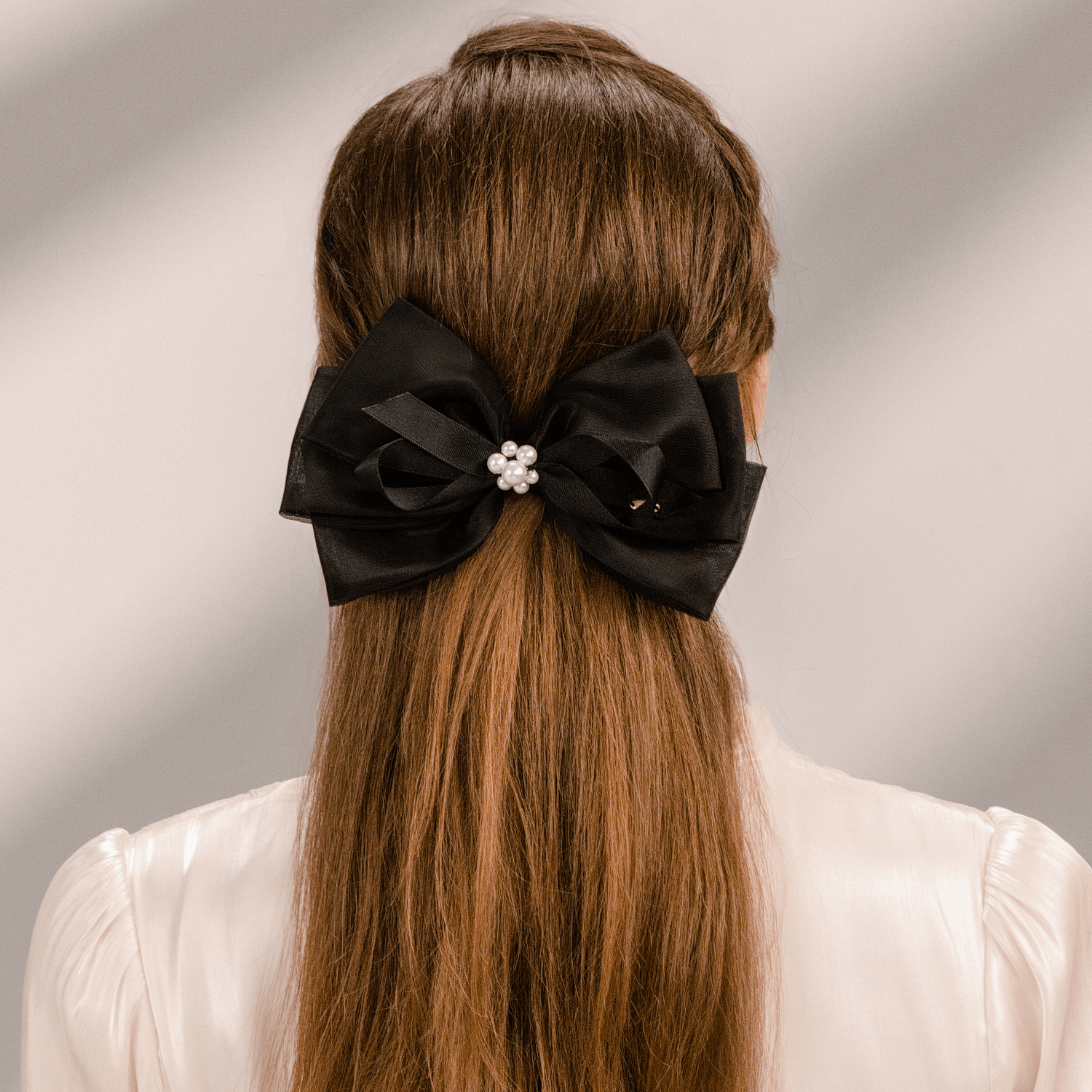 Organza Pearl Large Hair Barrette (4 Layered Bow & 7 Beads)