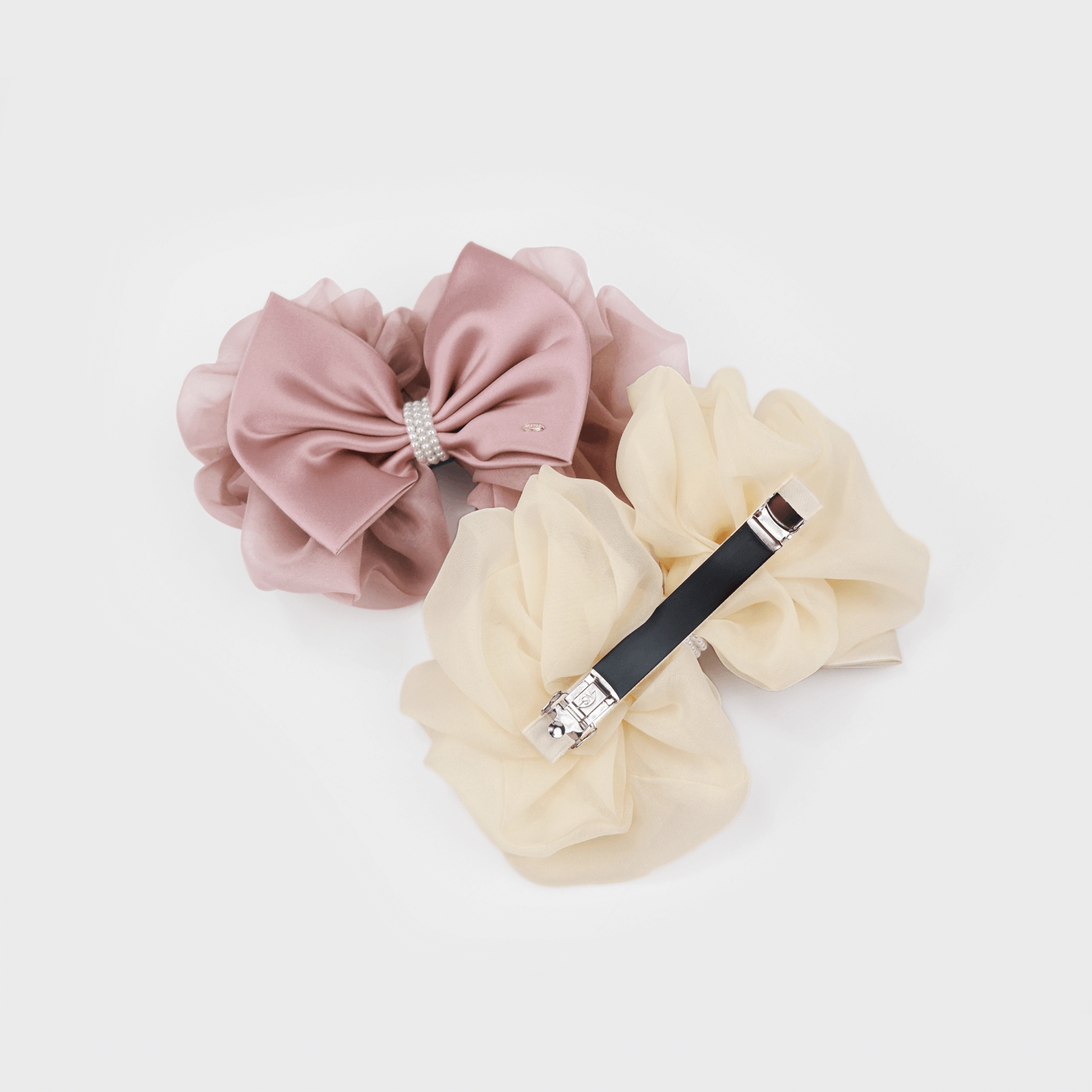 Organza Pearl Large Hair Barrette (2 Layered Bow & 3 Strands)