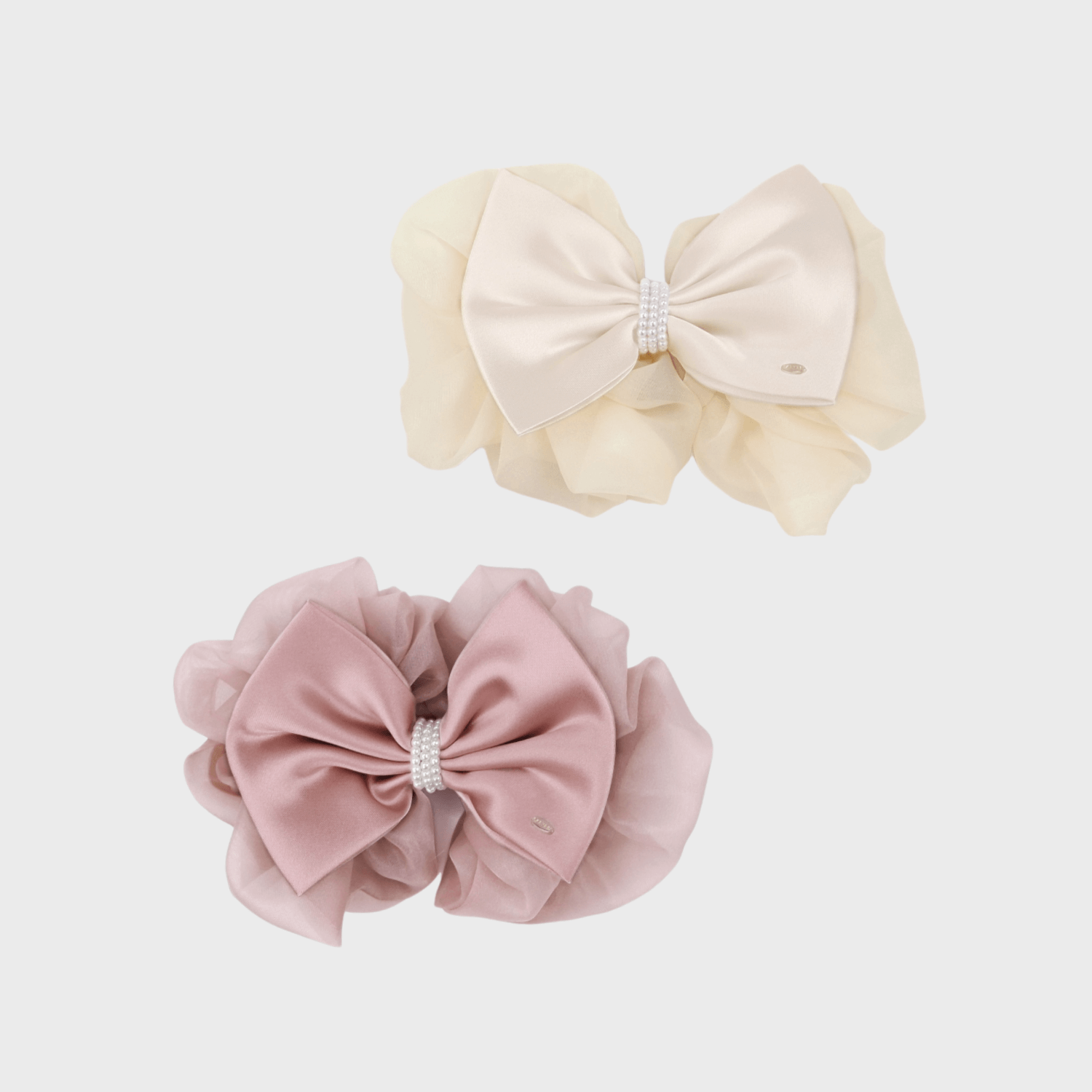 Organza Pearl Large Hair Barrette (2 Layered Bow & 3 Strands)