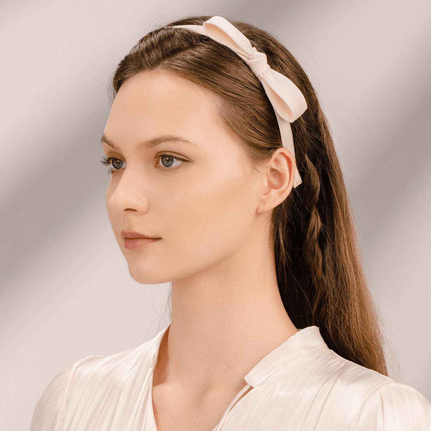 Satin Pearl Thin Headband (Bow & 2 Strands)